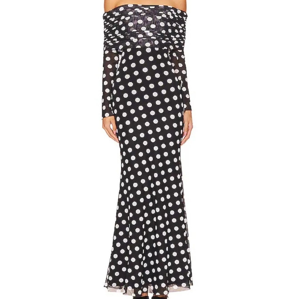 AFRM Revolve Polka Dot Mesh Maxi Dress Cowl Neck Long Sleeve Large Off Shoulder